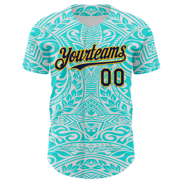 Maxcorners Custom Ice Blue Navy-Gold 3D Pattern Design Burner Costumes Tribal Tattoo Premium Baseball Jersey LM0210