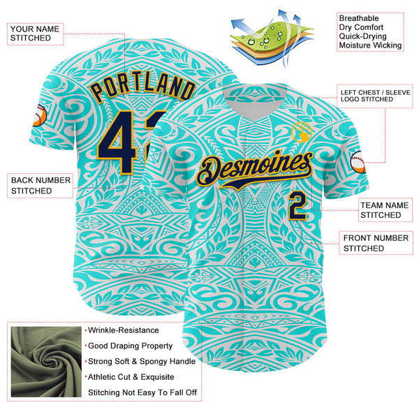 Maxcorners Custom Ice Blue Navy-Gold 3D Pattern Design Burner Costumes Tribal Tattoo Premium Baseball Jersey LM0210