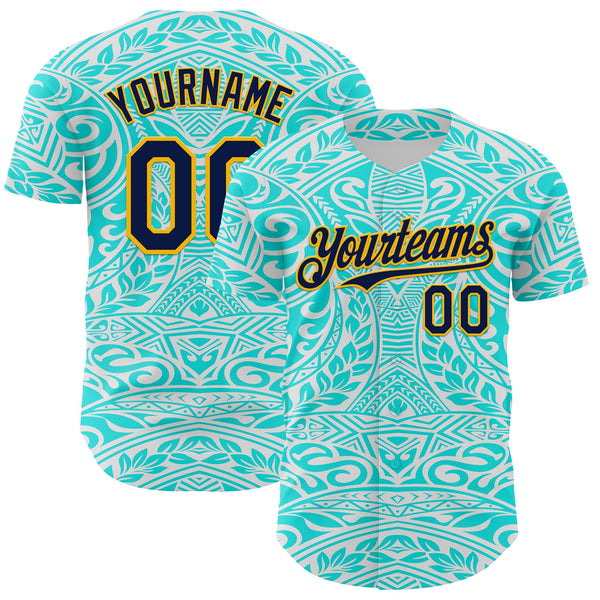 Maxcorners Custom Ice Blue Navy-Gold 3D Pattern Design Burner Costumes Tribal Tattoo Premium Baseball Jersey LM0210