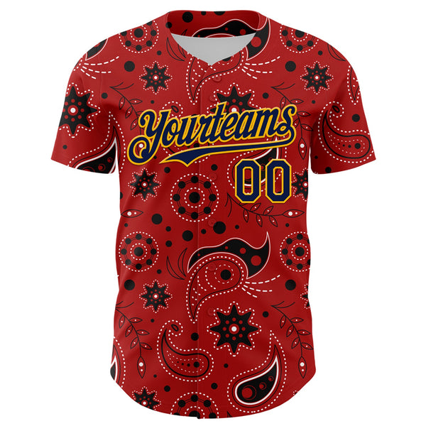 Maxcorners Custom Red Navy-Gold 3D Pattern Design Burner Costumes Paisley Bandana Premium Baseball Jersey LM0210
