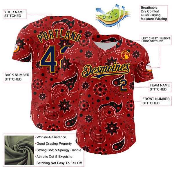 Maxcorners Custom Red Navy-Gold 3D Pattern Design Burner Costumes Paisley Bandana Premium Baseball Jersey LM0210