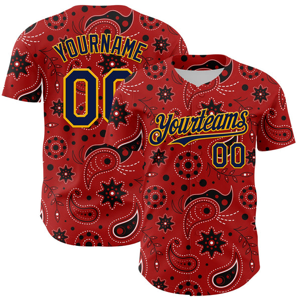 Maxcorners Custom Red Navy-Gold 3D Pattern Design Burner Costumes Paisley Bandana Premium Baseball Jersey LM0210