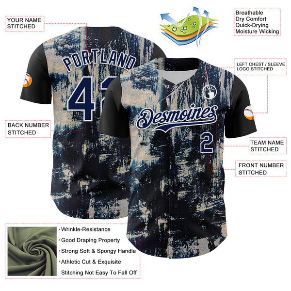 Maxcorners Custom Black Navy-White 3D Pattern Design Burner Costumes Grungy Premium Baseball Jersey LM0210