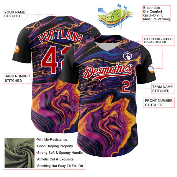 Maxcorners Custom Purple Red-White 3D Pattern Design Burner Costumes Lava Premium Baseball Jersey LM0210