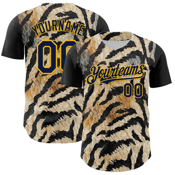 Maxcorners Custom Black Navy-Gold 3D Pattern Design Burner Costumes Tiger Print Premium Baseball Jersey LM0210
