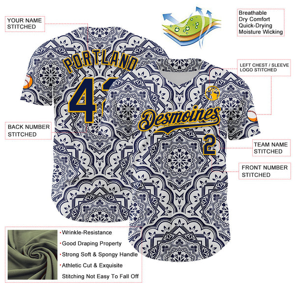 Maxcorners Custom Navy Gold 3D Pattern Design Burner Costumes Damask Premium Baseball Jersey LM0210
