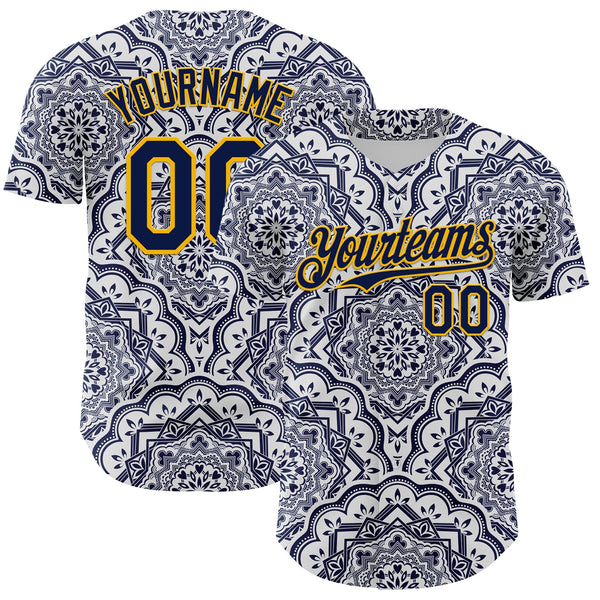 Maxcorners Custom Navy Gold 3D Pattern Design Burner Costumes Damask Premium Baseball Jersey LM0210
