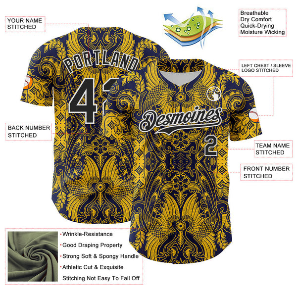 Maxcorners Custom Navy Black Yellow-White 3D Pattern Design Burner Costumes Paisley Premium Baseball Jersey LM0210