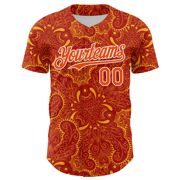 Maxcorners Custom Red Orange Gold-White 3D Pattern Design Burner Costumes Paisley Premium Baseball Jersey LM0210