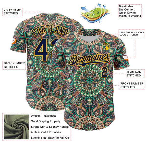 Maxcorners Custom Green Navy-Gold 3D Pattern Design Burner Costumes Psychedelic Premium Baseball Jersey LM0210