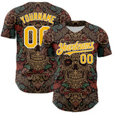 Maxcorners Custom Brown Gold-White 3D Pattern Design Burner Costumes Skull Floral Premium Baseball Jersey LM0210