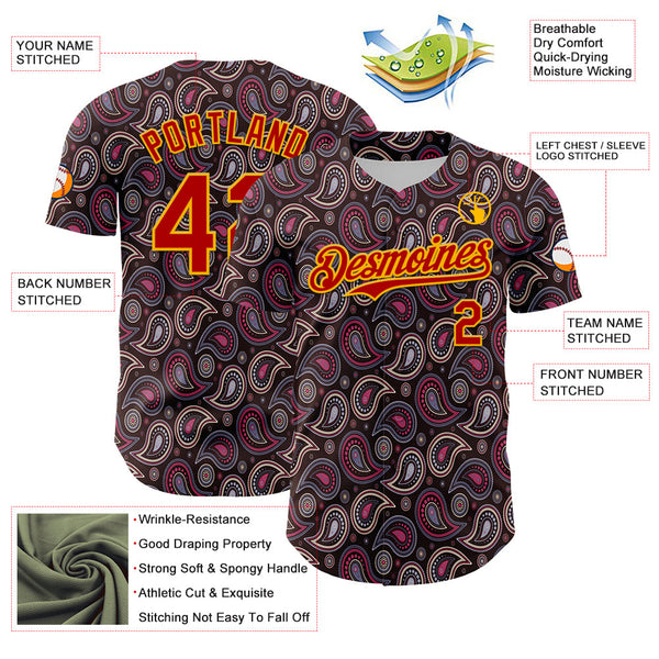 Maxcorners Custom Brown Red-Gold 3D Pattern Design Burner Costumes Paisley Bandana Premium Baseball Jersey LM0210