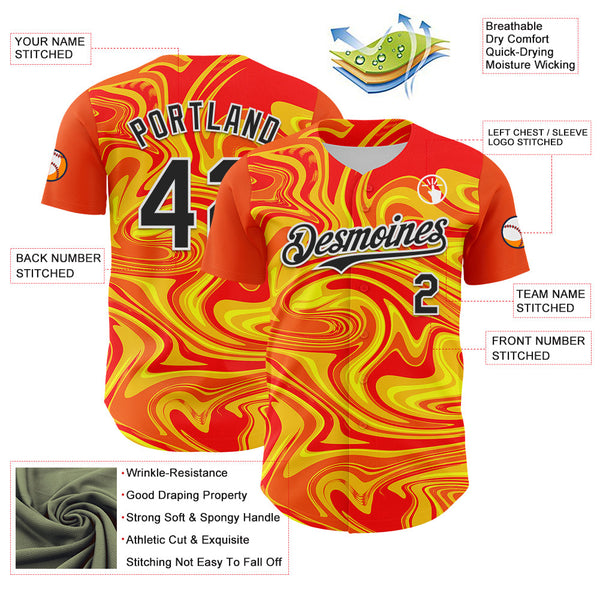 Maxcorners Custom Orange Black Gold-White 3D Pattern Design Rave Party Marble Lava Premium Baseball Jersey LM0210