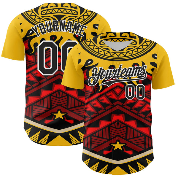 Maxcorners Custom Yellow Black Red-White 3D Pattern Design Rave Party Tribal Premium Baseball Jersey LM0210