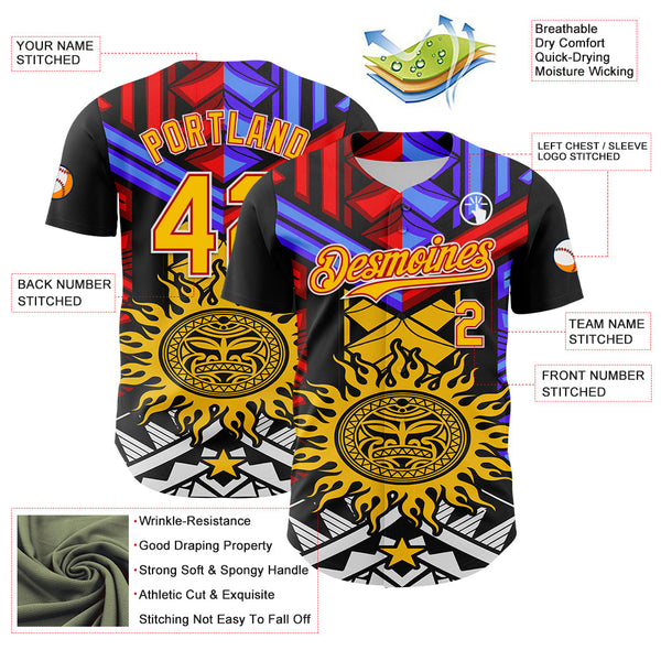 Maxcorners Custom Black Yellow Red-White 3D Pattern Design Rave Party Sun Tribal Premium Baseball Jersey LM0210