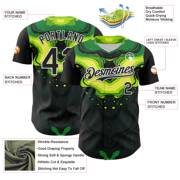 Maxcorners Custom Black Green-White 3D Pattern Design Rave Party Poison Liquid Premium Baseball Jersey LM0210