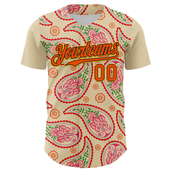 Maxcorners Custom Cream Orange Black-Yellow 3D Pattern Design Rave Party Paisley Bandana Premium Baseball Jersey LM0210
