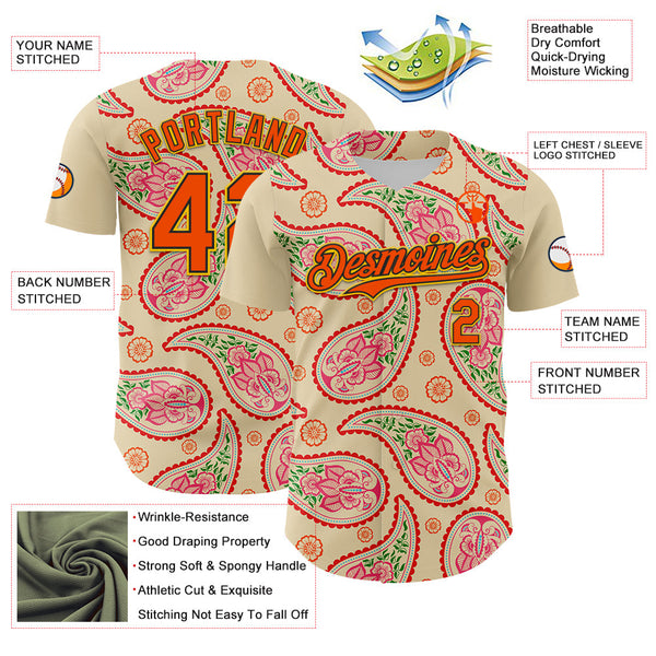 Maxcorners Custom Cream Orange Black-Yellow 3D Pattern Design Rave Party Paisley Bandana Premium Baseball Jersey LM0210