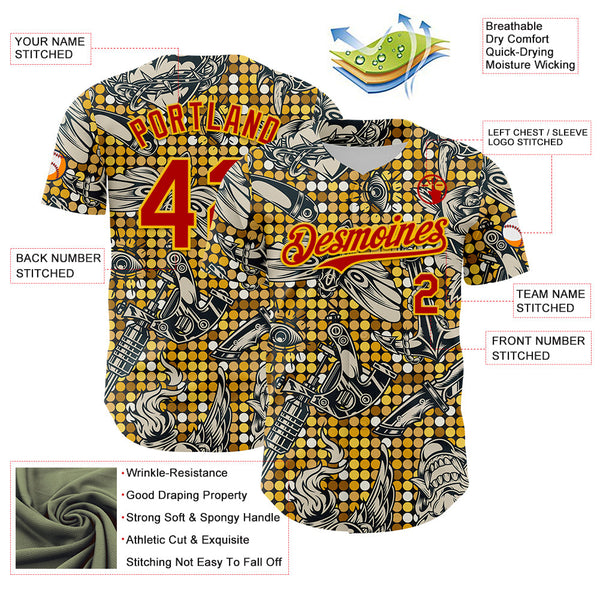 Maxcorners Custom Black Red-Yellow 3D Pattern Design Rave Party Tattoos Disco Premium Baseball Jersey LM0210