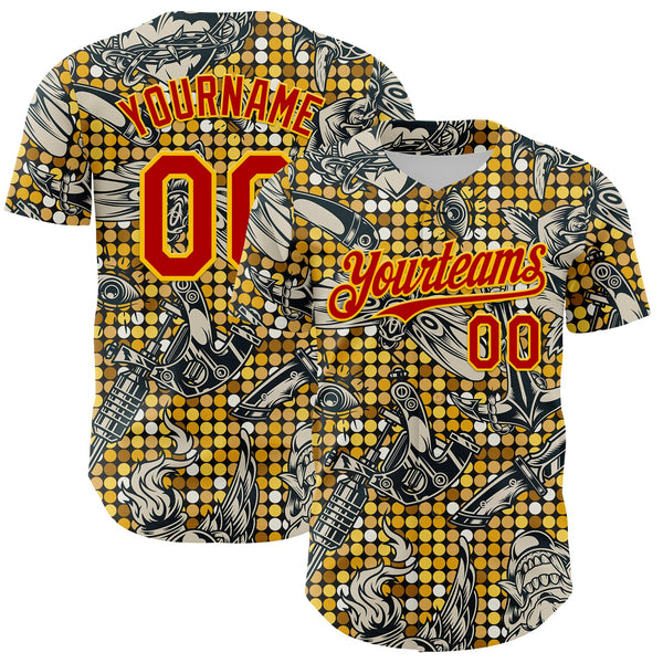 Maxcorners Custom Black Red-Yellow 3D Pattern Design Rave Party Tattoos Disco Premium Baseball Jersey LM0210