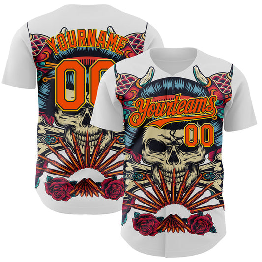 Maxcorners Custom White Orange Black-Yellow 3D Pattern Design Rave Party Vintage Geisha Skull Authentic Baseball Jersey LM0609