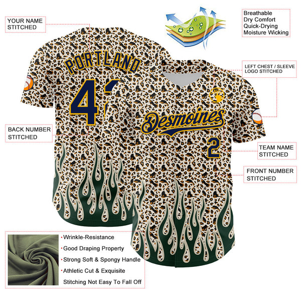 Maxcorners Custom Cream Navy-Gold 3D Pattern Design Rave Party Animal Leopard Print Premium Baseball Jersey LM0210