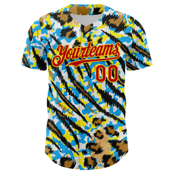 Maxcorners Custom White Red-Gold 3D Pattern Design Rave Party Animal Tiger And Leopard Print Premium Baseball Jersey LM0210