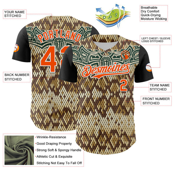 Maxcorners Custom Black Orange-White 3D Pattern Design Rave Party Animal Snake Python Print Premium Baseball Jersey LM0210