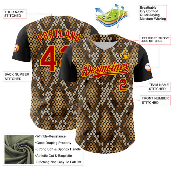 Maxcorners Custom Black Red-Gold 3D Pattern Design Rave Party Animal Snake Python Print Premium Baseball Jersey LM0210