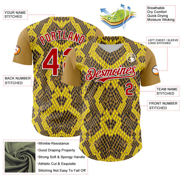 Maxcorners Custom Yellow Red Black-White 3D Pattern Design Rave Party Animal Snake Python Print Premium Baseball Jersey LM0210
