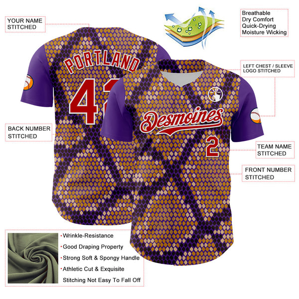 Maxcorners Custom Purple Red-White 3D Pattern Design Rave Party Animal Snake Python Print Premium Baseball Jersey LM0210