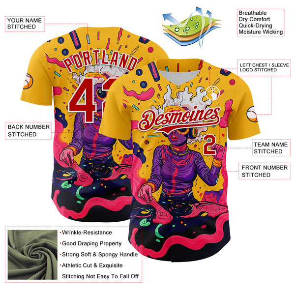 Maxcorners Custom Gold Red-White 3D Pattern Design Rave Party Trippy Disco Premium Baseball Jersey LM0210