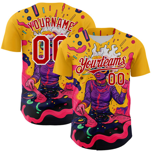 Maxcorners Custom Gold Red-White 3D Pattern Design Rave Party Trippy Disco Authentic Baseball Jersey LM0609