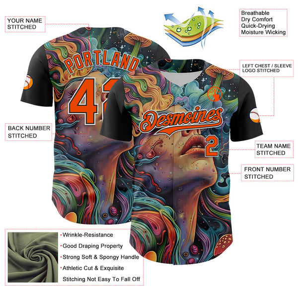 Maxcorners Custom Green Orange Black-White 3D Pattern Design Rave Party Trippy Magic Mushroom Premium Baseball Jersey LM0210