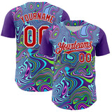 Maxcorners Custom Purple Red-White 3D Pattern Design Rave Party Trippy Laser Fluid Premium Baseball Jersey LM0210