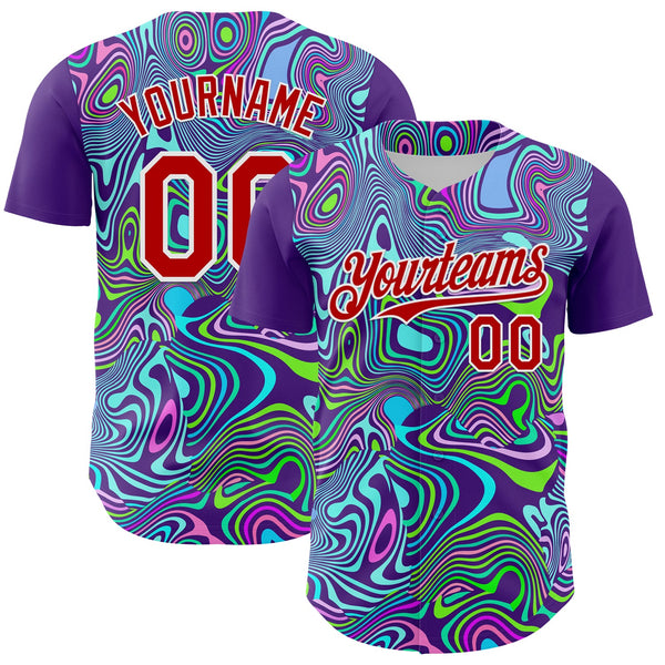Maxcorners Custom Purple Red-White 3D Pattern Design Rave Party Trippy Laser Fluid Premium Baseball Jersey LM0210
