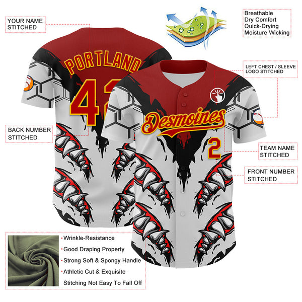 Maxcorners Custom White Red-Yellow 3D Pattern Design Burner Costumes Shark Teeth Premium Baseball Jersey LM0210
