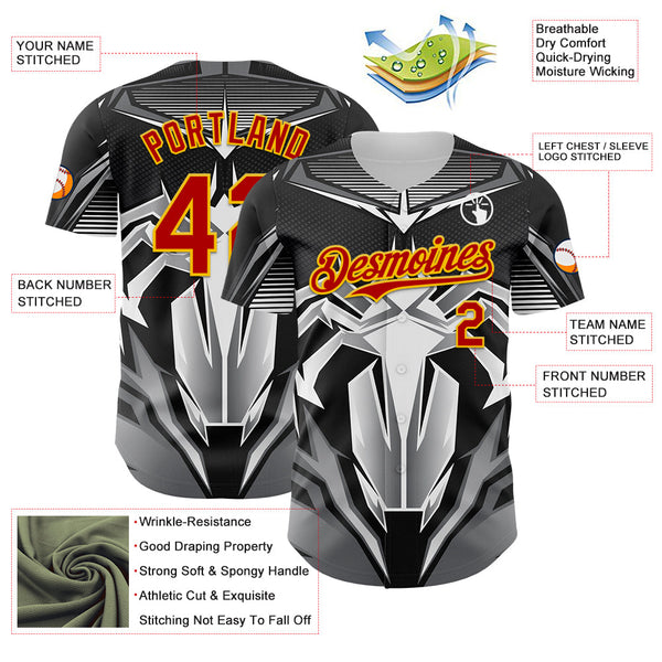 Maxcorners Custom Black Red-Yellow 3D Pattern Design Burner Costumes Mecha Premium Baseball Jersey LM0210