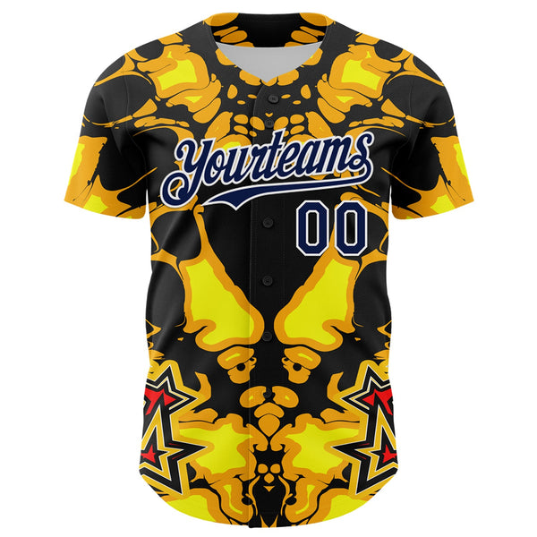 Maxcorners Custom Black Navy Yellow-White 3D Pattern Design Burner Costumes Flame Premium Baseball Jersey LM0210