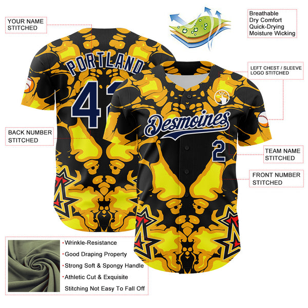 Maxcorners Custom Black Navy Yellow-White 3D Pattern Design Burner Costumes Flame Premium Baseball Jersey LM0210