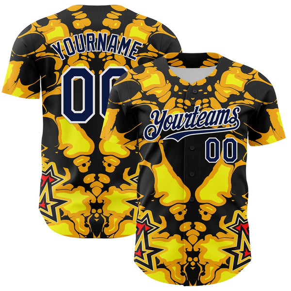 Maxcorners Custom Black Navy Yellow-White 3D Pattern Design Burner Costumes Flame Premium Baseball Jersey LM0210