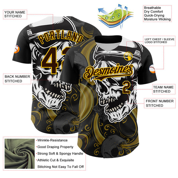 Maxcorners Custom Black Brown Yellow-White 3D Pattern Design Burner Costumes Skull Premium Baseball Jersey LM0210