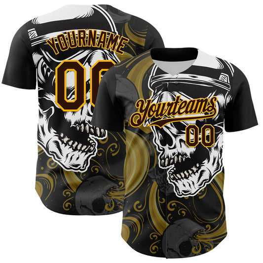 Maxcorners Custom Black Brown Yellow-White 3D Pattern Design Burner Costumes Skull Authentic Baseball Jersey LM0609