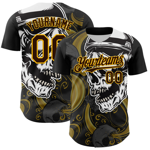 Maxcorners Custom Black Brown Yellow-White 3D Pattern Design Burner Costumes Skull Premium Baseball Jersey LM0210