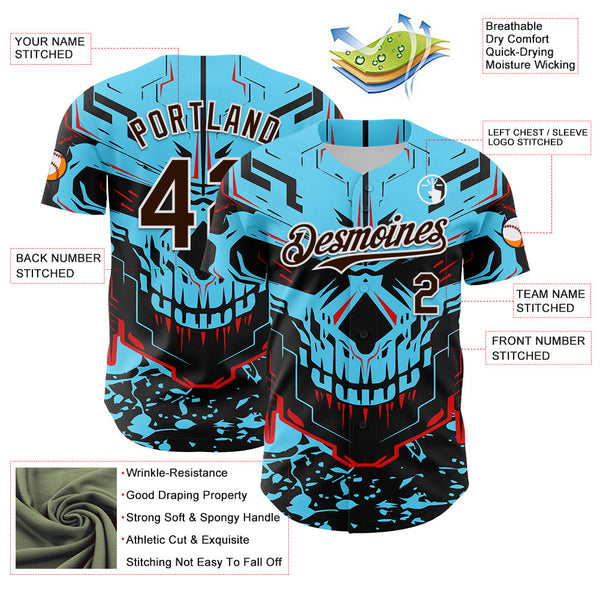 Maxcorners Custom Blue Brown-White 3D Pattern Design Burner Costumes Cyber Skull Premium Baseball Jersey LM0210
