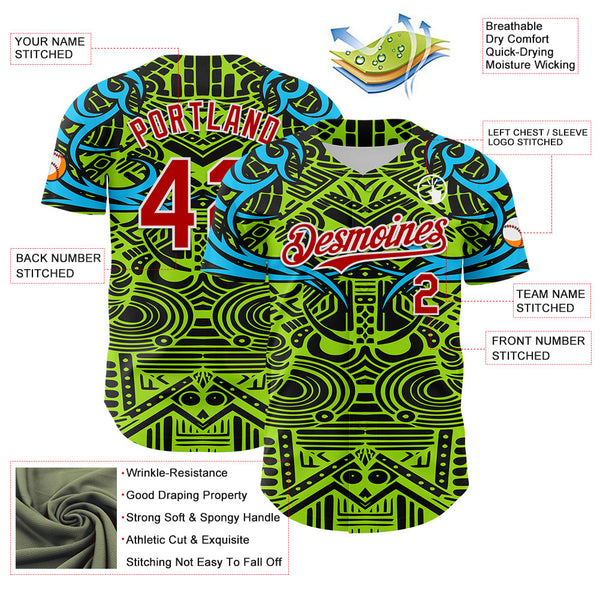Maxcorners Custom Green Red Blue Black-White 3D Pattern Design Burner Costumes Tribal Premium Baseball Jersey LM0210
