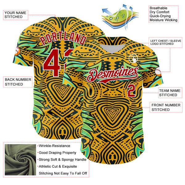 Maxcorners Custom Gold Red Black Green-White 3D Pattern Design Burner Costumes Tribal Premium Baseball Jersey LM0210