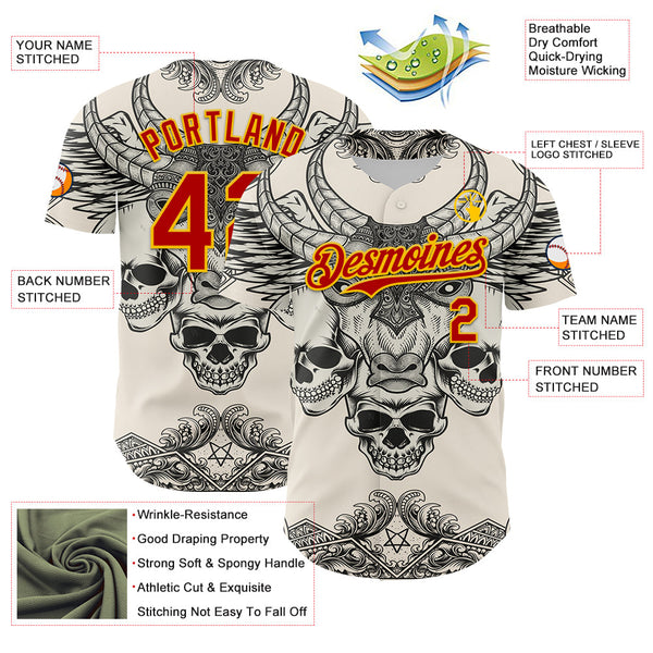Maxcorners Custom Cream Red-Yellow 3D Pattern Design Burner Costumes Hell Skull Premium Baseball Jersey LM0210