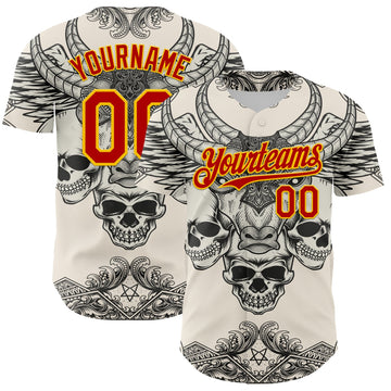 Maxcorners Custom Cream Red-Yellow 3D Pattern Design Burner Costumes Hell Skull Premium Baseball Jersey LM0210