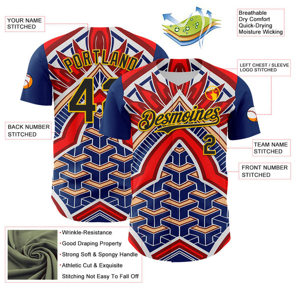 Maxcorners Custom Blue Black Red-Yellow 3D Pattern Design Burner Costumes Tribal Premium Baseball Jersey LM0210